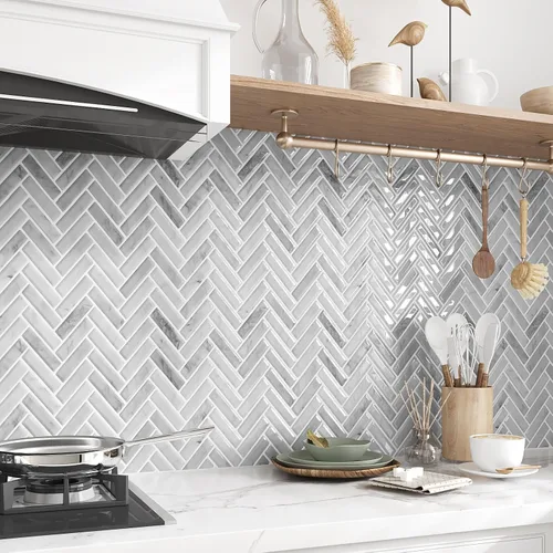 Vista 2 de VEELIKE Azulejos de mármol gris para salpicaduras de pared en muro de cocina en muro de espiga para despegar y pegar, impermeables, 6 hojas