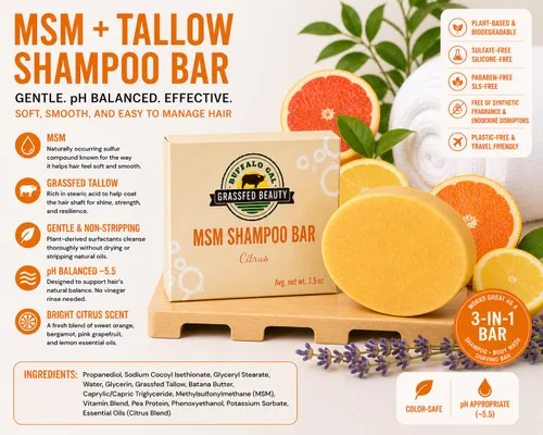 Vista 3 de MSM + Barra de champú Tallow - Citrus - Champú sólido sin sulfato para cabello suave, brillante y manejable - pH equilibrado, sin silicona, sin