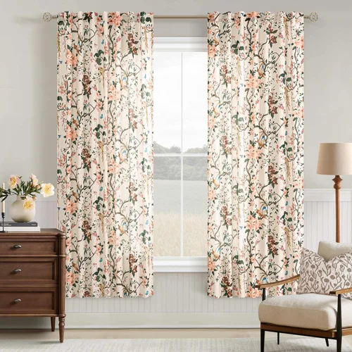 Vista 59 de Cortinas de lino de pájaro floral azul 2 paneles de 72 pulgadas de largo Aqua Blue