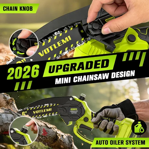 Vista 6 de Mini motosierra inalámbrica, motosierra eléctrica de 6 pulgadas con batería de 2000 mAh, motosierra de mano de 1000 W con engrasador automático