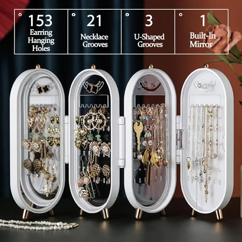 Vista 2 de Soporte plegable para aretes caja organizadora de joyas con espejo aretes collar joyero organizador de collar para mujeres y niñas caja organizadora