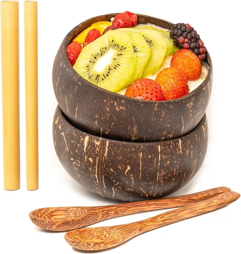 Vista 12 de Rainforest Bowls Juego de 4 pequeños cuencos originales de coco, 4 cucharas de madera y 4 popotes de bambú reutilizables, 100% naturales, tallados a