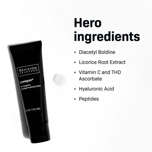 Vista 5 de Revision Skincare Lumiquin® Crema de manos, humectante de manos antienvejecimiento, apoya la barrera de humedad, aclaramiento de la piel, 1.7 oz