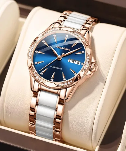 Vista 3 de Reloj automático de cerámica de acero inoxidable para mujer reloj mecánico de 984ft impermeable oro rosa elegante para mujer esfera de concha