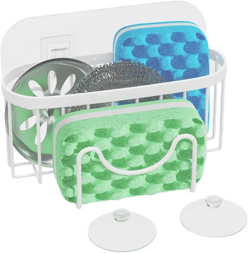 Vista 15 de HapiRm Organizador de esponja multifuncional con forma única en M, 2 métodos de instalación, organizador de fregadero de cocina, organizador