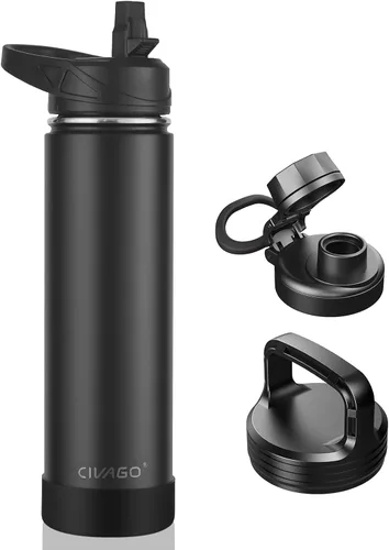 Vista 51 de CIVAGO Botella de agua aislada de 22 onzas con pajita, frasco de agua deportiva de acero inoxidable con 3 tapas