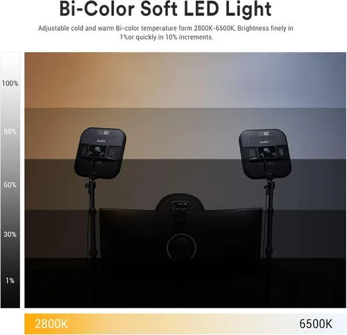 Vista 3 de Godox Luz de llave ES30, luz de escritorio de 2250 lúmenes para transmisión con soporte de escritorio extensible, 0-100% de brillo y control