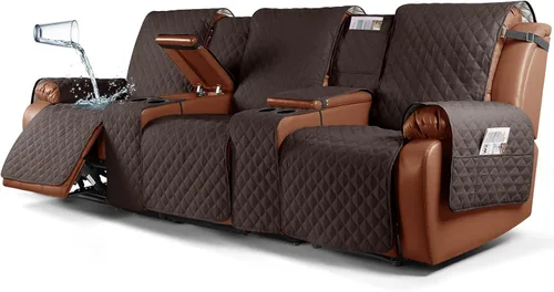 Vista 17 de Ruaozz Funda impermeable para sofá biplaza reclinable con consola, funda antideslizante para sofá reclinable dividido, con correas elásticas Beige