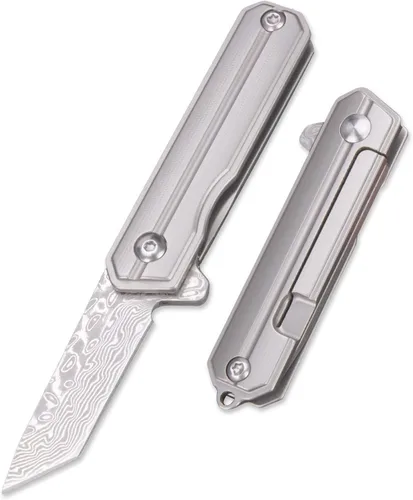 Vista 7 de Samior HY004 Mini cuchillo de bolsillo con mango de titanio, hoja de damasco de 1.4 pulgadas, llavero de cuello utilitario EDC cuchillos