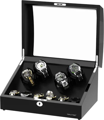 Vista 2 de TRIPLE TREE Enrollador de reloj para 4 relojes automáticos, con 6 almacenes adicionales de relojes, acabado de piano de carcasa de madera, motor
