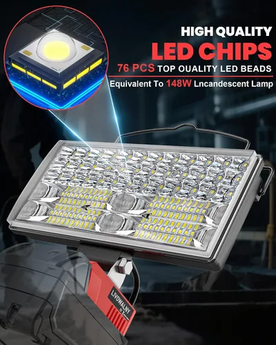Vista 3 de LIVOWALNY Luces de Trabajo LED Compatibles con Batería Milwaukee de 18V, 100W 10000LM Luz de Inundación de 7" Portátil con Puerto de Carga USB