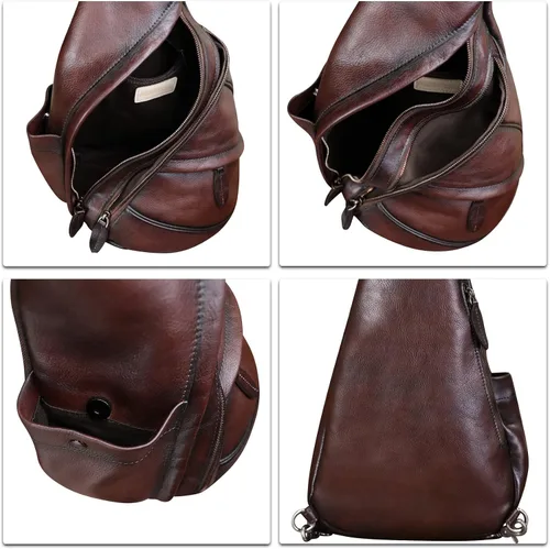 Vista 7 de Bolso bandolera de cuero genuino para hombres y mujeres, mochila de cuero para el pecho, bolsa cruzada de hombro
