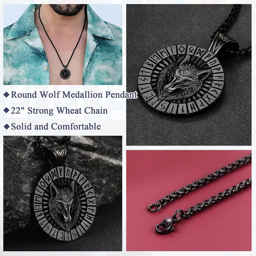 Vista 5 de FaithHeart Collar con colgante de lobo vikingo nórdico para hombres y mujeres, acero inoxidable, chapado en oro de 18 quilates, joyería con embalaje