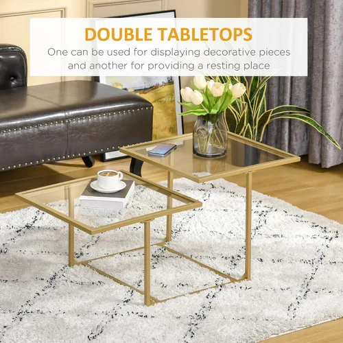 Vista 4 de HOMCOM Mesa auxiliar, mesa de centro de cristal templado con 2 mesas cuadradas, mesas de centro modernas para sala de estar, dormitorio, color dorado