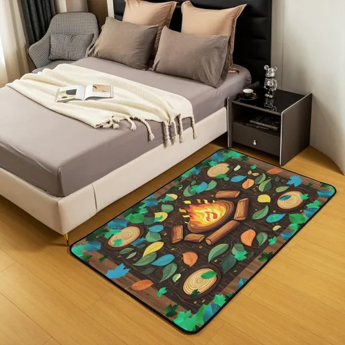 Vista 5 de Alfombra de fogata de 3 x 5 pies, decoración de tocones de árbol de bosque para niñas, mujeres, hombres y adolescentes, alfombra de madera marrón