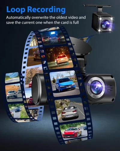 Vista 11 de Cámara de tablero frontal y trasera, cámara de tablero 1080P para automóviles, cámara de automóvil de 3 canales frontal trasera e