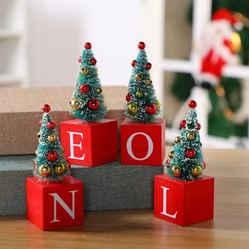 Vista 5 de Ochine 4 mini árboles de Navidad artificiales, árbol de mesa de Navidad, mini árboles de sisal de pino con base de madera de nieve, adornos
