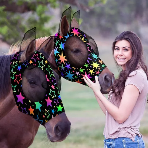 Vista 8 de Weewooday 2 máscaras de mosca de caballo para caballos, máscaras suaves para orejas, máscara suave y elástica con protección UV