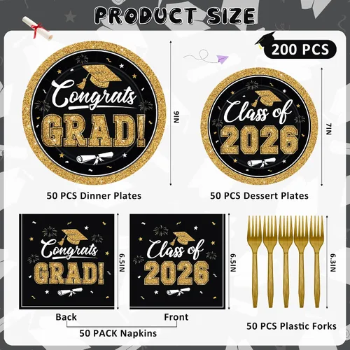 Vista 2 de QZYL 200 suministros para fiesta de graduación 2026, platos y servilletas de graduación negros y dorados, platos de postre desechables y tenedores