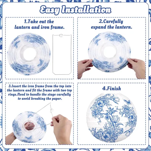 Vista 7 de 15 linternas de papel chinas, decoración de chinoiserie, farol de porcelana azul y blanco para colgar para mediados de otoño, festival, fiesta