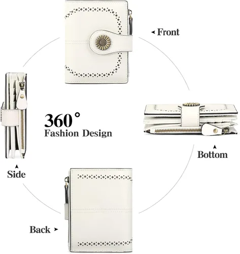 Vista 5 de SENDEFN Carteras pequeñas para mujer, con bloqueo RFID, de cuero, plegable, tarjetero con ventana de identificación, 1 blanco
