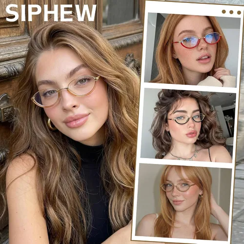 Vista 7 de SIPHEW Gafas retro pequeñas ovaladas con marco de metal con bloqueo de luz azul para mujer de los años 90, lentes de luz azul de cara pequeña A01
