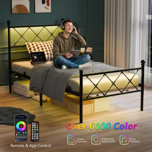 Vista 8 de VINGLI Base de cama individual con cabecero y estribo, marco de cama de metal con estribo extra alto, cama de plataforma resistente con luces LED