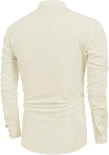 Vista 8 de COOFANDY - Camisa de lino y algodón con cuello Henley, de manga larga, estilo hippie, informal, camisetas de playa