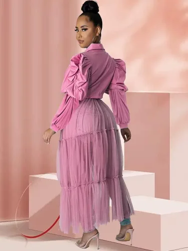Vista 8 de Ekaliy Blusa sexy para mujer, manga larga con volantes, con botones, de malla transparente, maxi vestido con cinturón