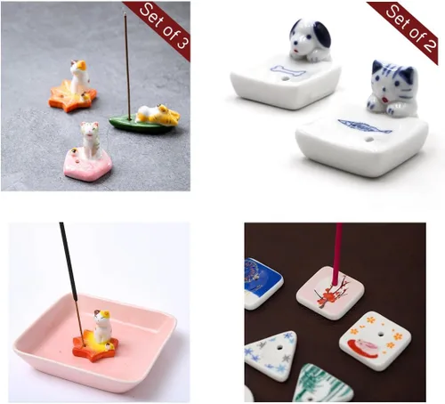 Vista 5 de Juego de 2, mini gatito japonés con perro, hecho a mano, de cerámica blanca, soporte para incienso o quemador de incienso, bandeja para decoración