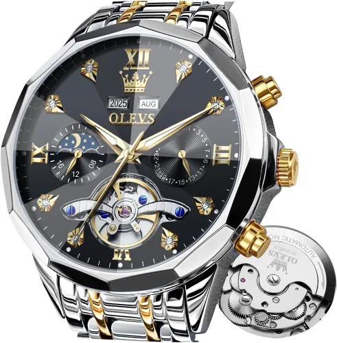 Vista 11 de OLEVS - Reloj Automático de Lujo para Hombre con Diamante, Automático, Multifuncional, Calendario, de Acero Inoxidable, Impermeable, Luminoso