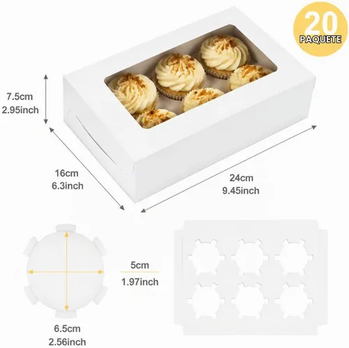 Vista 2 de Pralb Paquete de 20 cajas blancas para cupcakes con insertos, 6 soportes, cajas blancas estándar de panadería con ventana de PVC, recipientes