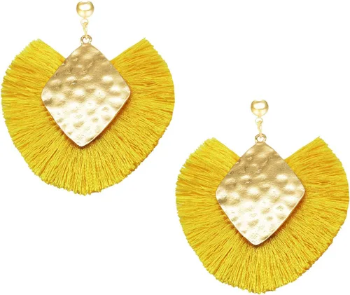 Vista 45 de Aretes de aro con borla, aretes colgantes de hilo de declaración, elegantes aretes largos con flecos, ligeros, largos y con gancho francés, para un