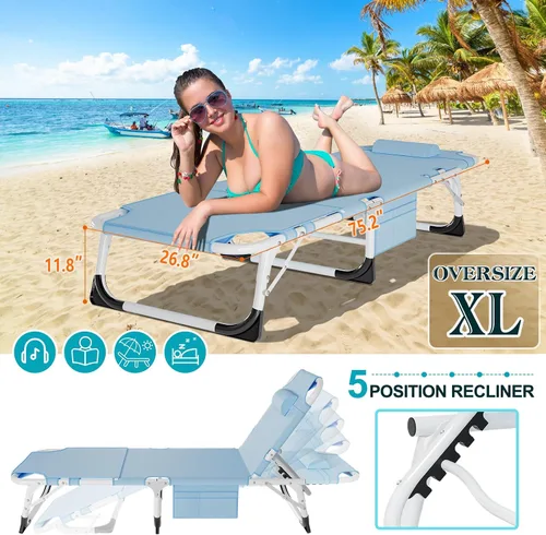 Vista 3 de ABORON - Silla de bronceado 3 en 1 extragrande con tapete y reposabrazos, tumbonas plegables resistentes, 5 posiciones para exteriores, para playa