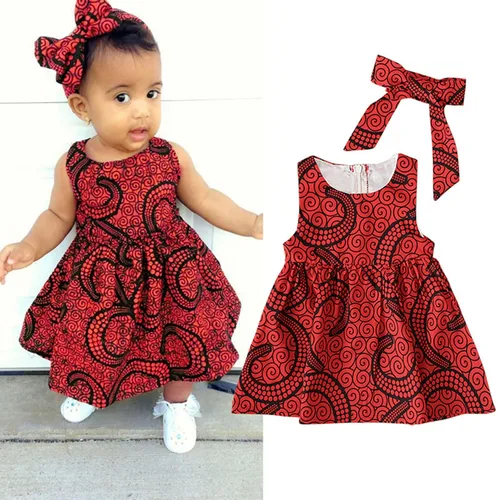 Vista 2 de Trajes tradicionales para niñas pequeñas, diadema de princesa Dashiki, ropa escolar africana para niñas (rojo, 18-24 meses)