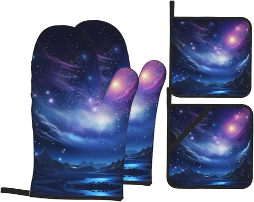 Vista 18 de Juego de guantes de horno y soportes para ollas con estampado floral de jardín, resistentes al calor, antideslizantes, guantes de cocina, 4