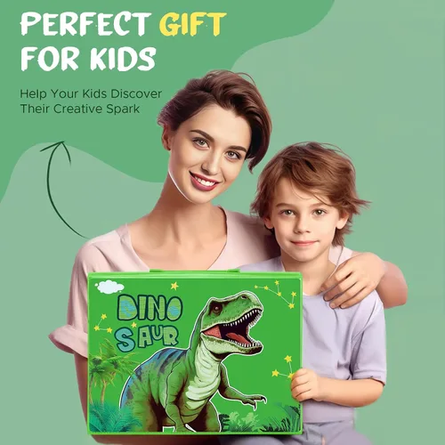 Vista 9 de homicozy Suministros de arte para niños de 4 a 12 años, estuche de arte con juegos de dibujo de dinosaurios, kits de colorear con caballete triple
