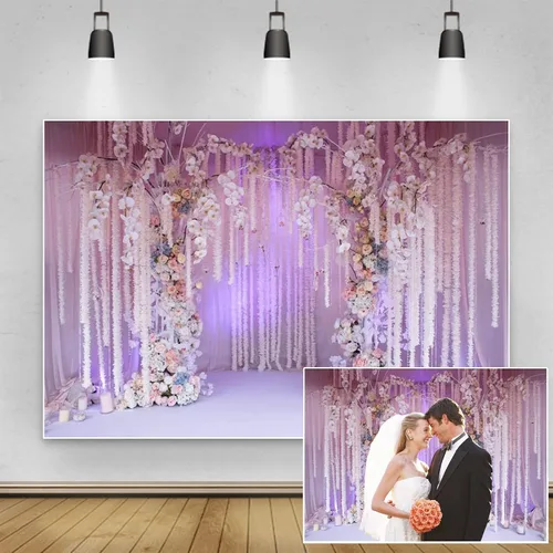 Vista 2 de Yeele Fondo fotográfico de ceremonia de boda de 6 x 4 pies, fondo de fotografía con flores blancas moradas, aniversario, despedida de soltera, boda