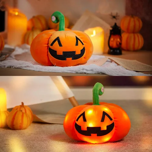 Vista 4 de Peluche de calabaza de Halloween con luz LED brillante, luz nocturna esponjosa, suave, fantasma Jack O Lantern, juguete de peluche, regalos