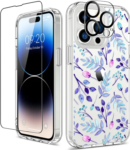 Vista 16 de Funda para iPhone 14 Pro con protector de pantalla, 6.1 pulgadas, transparente de cuerpo completo, a prueba de golpes, diseño floral, para niñas