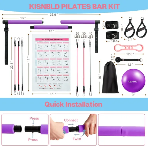 Vista 6 de Kit de Barra de Pilates Kisnbld con Bandas de Resistencia, Barra de Pilates Multifuncional con 3 Bandas de Resistencia para Ejercicios, Equipo