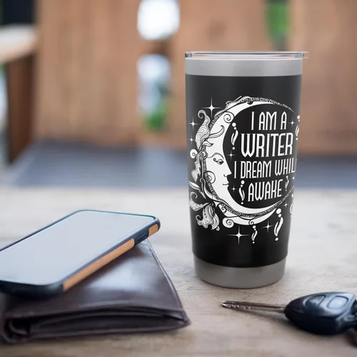 Vista 7 de Vaso aislado de acero inoxidable con texto en inglés "I Am A Writer I Dream While Awake Author Book Novelist Poet