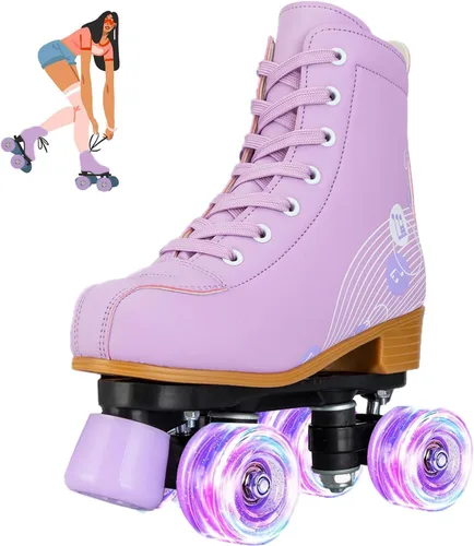 Vista 10 de jessie Patines de ruedas para niñas y mujeres, patines de piel sintética iluminados para niños, lindos patines ajustables de cuatro ruedas