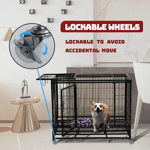 Vista 4 de HCY Jaula para perros grande de 48 pulgadas, resistente, plegable, con ruedas con bloqueo, puertas dobles, bandeja de plástico para mascotas