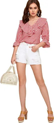 Vista 5 de Romwe Blusa elegante con volantes y cuello en V para mujer