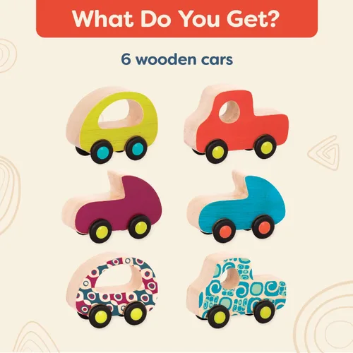 Vista 5 de B. toys Juego de autos de juguete de madera con 6 vehículos coloridos para niños y niños pequeños - Camiones duraderos - Fácil - Juguetes para niños
