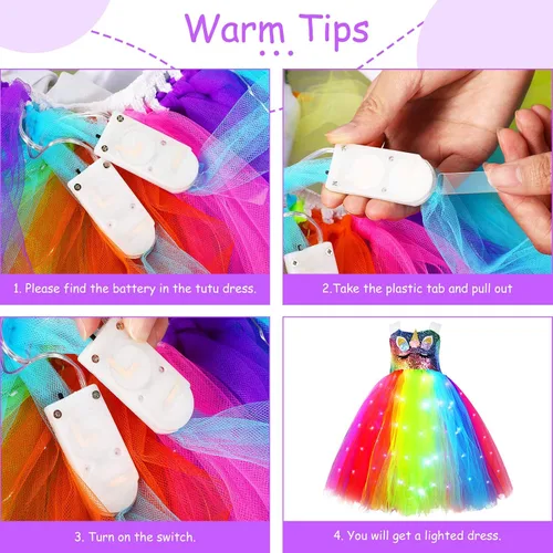 Vista 7 de Girls Unicorn Tutu Costumes Dress Light Up Unicorn LED Headband Princess Birthday Dress Up Clothes Girl Gift