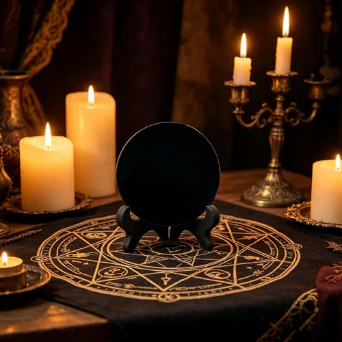 Vista 2 de Espejo de adivinación de obsidiana negra, espejo de obsidiana con soporte y bolsa para adivinación, meditación, curación, Feng Shui (100mm (4.0in))