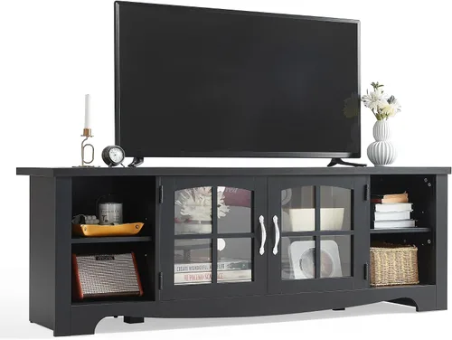 Vista 13 de LINSY HOME Soporte de TV estilo granja para TV de 65 pulgadas, centro de entretenimiento de madera con gabinete de almacenamiento con puerta