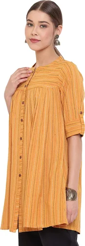 Vista 4 de Janasya Indian - Túnica de algodón tejido mostaza para mujer